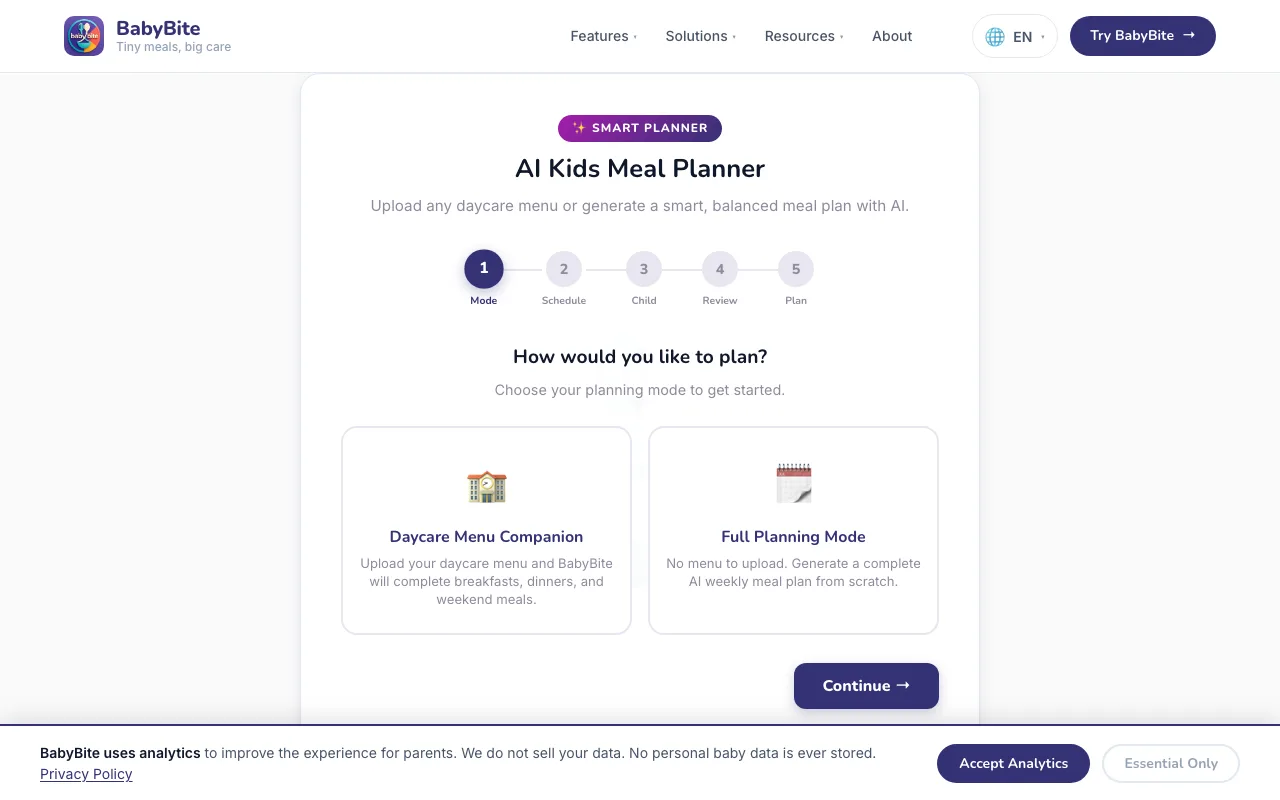 BabyBite Smart Planner mode selection — choose Daycare Companion or Full Planning Mode